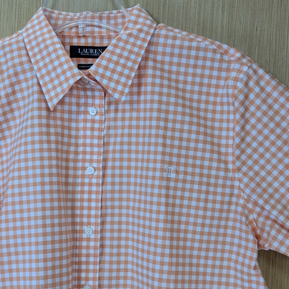 Lauren Ralph Lauren Womens Gingham Stretch Button Down Shirt XL Orange Non-Iron